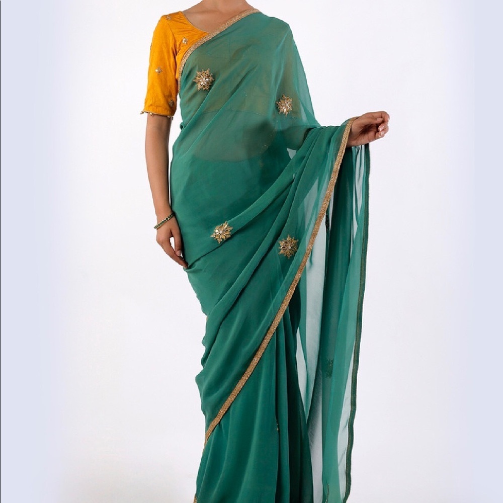 Green Gota Patti Saree with Yellow stitched Blouse
